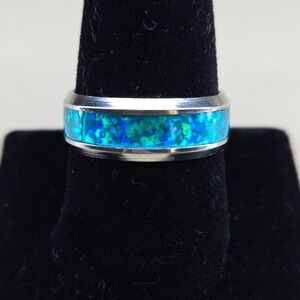 Mens Silver Tone Blue Faux Opal Inlay Band Ring Size 10 Inset Mosaic